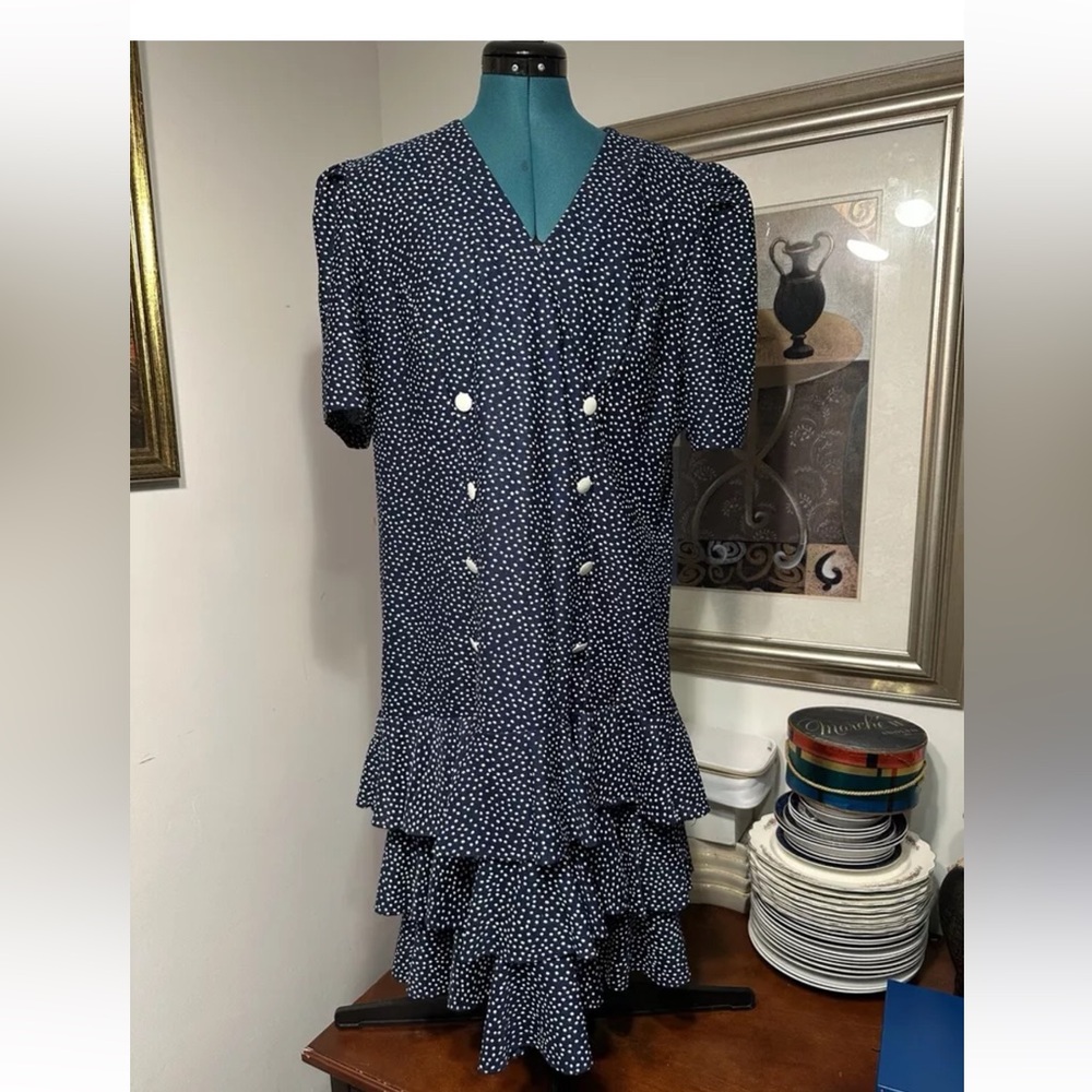 David Rose Polka Dot Short Sleeve Drop Waist Tiered Ruffled Skirt Dress Size 18